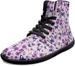 Женские высокие кроссовки с широкой пяткой босоножечного типа с принтом бабочек, с подошвой нулевого перепада и противоскользящей PU-кожей GETELINSENG, Purple Butterfly Print