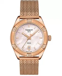 Женские часы Swiss PR 100 Sport Chic T-Classic с браслетом из нержавеющей стали с сетчатым ремешком, розовое золото, 36 мм Tissot
