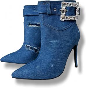 Женские сексуальные ботильоны на высоком каблуке Frankie Hsu, винтажные синие джинсовые с кристаллами и пряжкой, большие размеры обуви US5-14 для женщин и мужчин