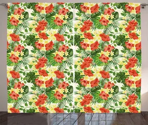 Штора ABAKUHAUS Тропический деревенский, экзотический цветочный узор, универсальная, для гостиной, ленточное полотно с петлями и крючками, 280 x 175 см, цвет: красный, бледно-желтый, зеленый Abakuhaus