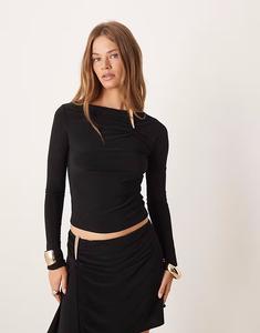 Облегающий топ с длинными рукавами и отделкой рюшами, черный цвет Asos Design