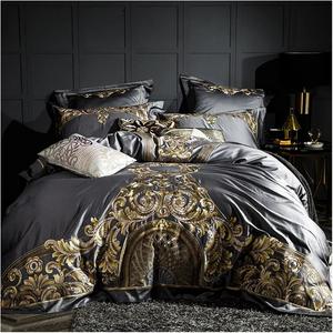 Generic Комплект постельного белья Luxury 100S/1000TC из египетского хлопка серого цвета с золотой вышивкой