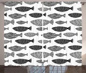 Штора ABAKUHAUS "Рыбы в деревенском стиле", морские животные, черно-белая, для спальни, присборенная, с петлями и крючками, 280 x 245 см, белая с черным Abakuhaus