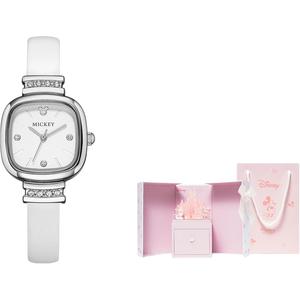 Disney Часы Small Square Table Quartz Movement Leather Strap Watch Women's Watch Gold Dial, Fashion Silver [Dreamy Castle Box]