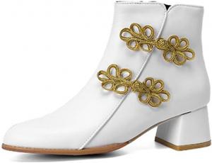 DEERBUNNY Классические женские ботильоны на блочном каблуке с боковой молнией, многослойным каблуком, короткие ботинки с бантиками, низким каблуком, платьевые ботинки для дам, White