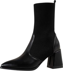 No Brand Женские ботильоны на осень и зиму с массивным средним каблуком, заостренным носком, текстильные, однотонные, повседневного стиля (черные, 6.5)