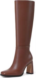 Женские высокие сапоги до колена с широкой голенью, квадратным носком и массивным каблуком, кожаные высокие сапоги, модные осенние и зимние длинные ботильоны Phefarer, Brown