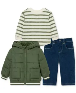 Детский комплект для мальчика: куртка с капюшоном, футболка в полоску и джинсовые штаны, 3 предмета Little Me, зеленый