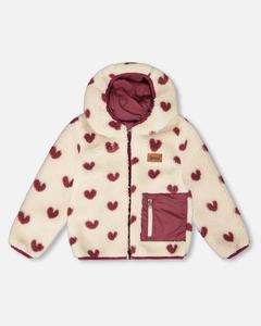 Двусторонняя детская куртка-шерпа для девочек, межсезонье, бордовый цвет с сердечком Deux par Deux, Purple plum