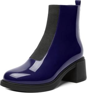 Женские ботинки MERRORI до щиколотки Челси с эластичной вставкой, округлым носком, повседневные, лаковые, на среднем каблуке 2,5 дюйма, Black Navy Blue