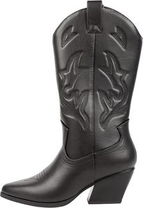 Женские западные ковбойские сапоги - средняя голень, заостренный носок, вышитые ковбойские сапоги с массивным каблуком - классический стиль родео Джулия Kassie Daniela, Black Pu