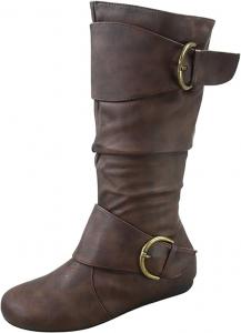 Сапоги женские Forever Link Klein-70 с закрытым круглым носком, пряжкой, плоским каблуком и средней голенью, Pu Brown