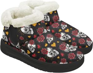 Зимние женские ботинки на щиколотку с широкой колодкой, с плюшевой подкладкой, дышащим верхом, теплые для улицы, без шнурков Chririnla, Heart Rose Skull