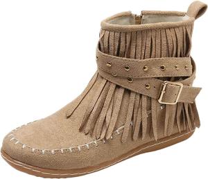 Женские замшевые ботильоны с бахромой, круглый носок, плоская подошва, зимние теплые западные бохо-босоножки для женщин, винтажные повседневные ботильоны с широким круглым носком, модные уличные короткие ботинки с молнией Baimiu, A-Khaki