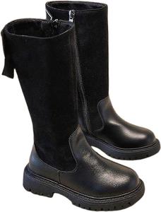 Детские сапоги до колена с боковой молнией, военные сапоги с бантиком, утепленные сапожки из искусственной кожи для снега, повседневные с низким каблуком, подошва для езды Generic, Black