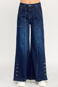 Брюки с высокой посадкой и широкими штанинами, с разрезом на пуговицу TRUEDAMES, темно-синий