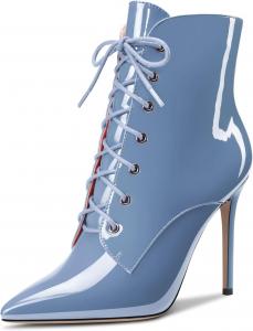 Женские ботильоны Aachcol с коротким голенищем, заостренным носком, стойкой на шпильке средней высоты, лакированные, с молнией и шнуровкой, сексуальные, каблук 4 дюйма, Blue B