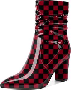 Женские свободные ботильоны Mettesally с высокими массивными каблуками, заостренным носком, боковой молнией, каблук 3,5 дюйма, полусапожки для платья, Patent Checkered Red