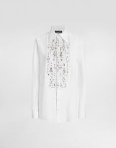 Хлопковая смокинговая рубашка с передней частью, украшенной вышивкой стразами Dolce & Gabbana, белый