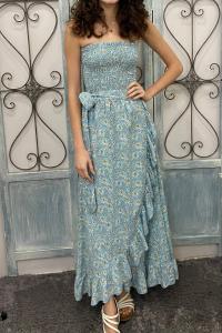 Длинное платье без бретелек с цветочным принтом в синем цвете SKEMO