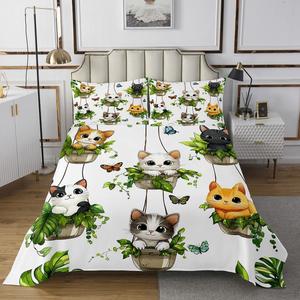 Erosebridal Комплект постельного белья Cute Cat с красочным дизайном котиков, бабочек и ботанических листьев в стиле фермерского дома, Orange White Green