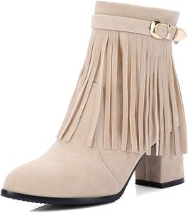 Женские ботильоны, высокие толстые каблуки, короткие ботинки с бахромой и молнией сзади, удобная зимняя обувь FAZAIQILUO, Beige（Thick Plush）
