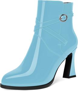 Женские ботильоны WAYDERNS с регулируемым ремешком и пряжкой, лакированные, повседневные, с круглым носком, на высоком блочном каблуке 3,3 дюйма, Light Blue
