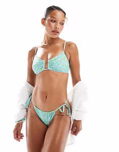 Плавки бикини с мелким цветочным принтом и завязками по бокам, синие New Look