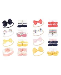 Набор из 16 предметов: повязка на голову и носки, нежно-розовый цветочный узор Hudson Baby, Pink yellow flower coral stripe