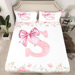 Erosebridal Комплект постельного белья Initial S Letter Fitted Sheet Kawaii Princess Bowknot с цветочным принтом и романтичными бантами, Pink White S