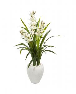 Искусственная орхидея цимбидиум высотой 1,2 м в белом кашпо Nearly Natural, цвет green/white