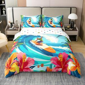 Erosebridal Комплект постельного белья Surf Surfboard из 100% хлопка с гавайским принтом морских волн и солнца в красно-оранжевых тонах, Red Orange