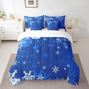 Erosebridal Комплект постельного белья с белоснежными снежинками и синим градиентом в новогодней тематике, Blue White