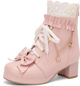 Женские милые ботильоны ZQW в стиле Лолита с круглым носком, бантом и шнуровкой, средний каблук-блок, металлическая звездная цепочка, кружево, осенне-зимние косплей обувь больших размеров, Pink