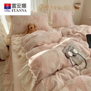 Fuanna Комплект постельного белья из французского кружева и молочного вельвета, 4 предмета (простыня на резинке 180 см, пододеяльник 200х230 см), цвет Butterfly Dream Pink