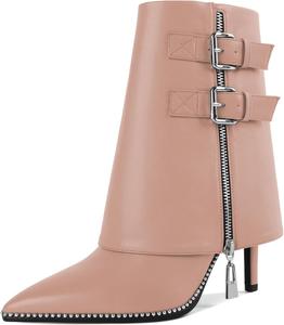 Женские сапоги Mettesally с отворотом, широкие, средней длины до икры, на высоком каблуке-кубике, расшитые бусинами, с молнией, с заостренным носком, женские ботильоны