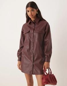 Гламурное мини-платье-рубашка из бордового искусственного меха