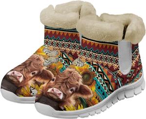 Женские зимние ботинки JoyLamoria Boston Terrier с цветочным принтом, водонепроницаемые снежные ботинки, водонепроницаемые ботильоны с принтом щенка, средние по голенища, удобные для холодной погоды, пушистые обувь, Western Cattle Sunflower Navajo