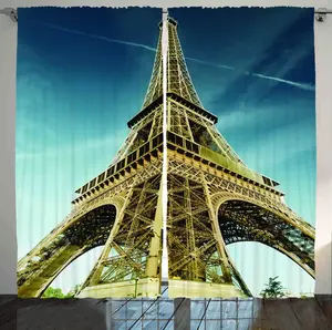Штора ABAKUHAUS "Эйфелева башня в деревенском стиле", "Парадный пейзаж Парижского парка", универсальная ленточная штора для гостиной с петлями и крючками, 280 x 175 см, светло-кофейный светло-голубой Abakuhaus