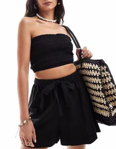 Пляжный топ-бандо Isabel из льняного микса с присборенной отделкой черного цвета Asos Design