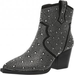 Женские блестящие ботильоны SACFOF со стразами и глиттером, носок заостренный, массивный низкий каблук, ботинки до середины голени, ковбойские блестящие праздничные туфли, Black