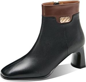 TinaCus Ручная работа Кожаные ботильоны на щиколотку с контрастными вставками, квадратный носок, массивный каблук для женщин, Black
