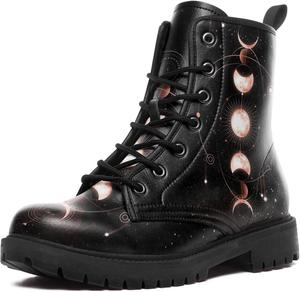 Женские небесные боевые ботинки - босоножки на щиколотку из веганской кожи «Солнце и Луна», модные готические бохо ботинки на шнуровке с массивной подошвой Coolcustomize, Black