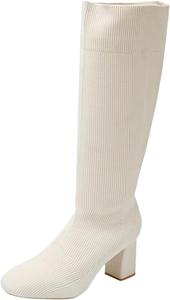 Женские высокие сапоги на каблуке, модные зимние сапоги с квадратным носком, трикотажные эластичные, элегантные и повседневные, до колена Generic, Beige