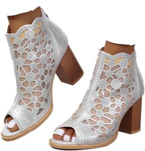 Женские сандалии с открытым носком и широким каблуком, удобные босоножки на массивном каблуке, сзади на молнии, сексуальные сетчатые ботильоны, праздничные сандалии Generic, Sliver