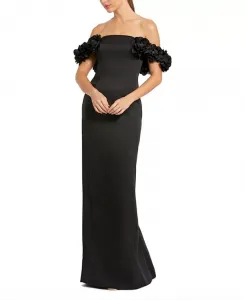 Атласное платье-русалка с объемными цветами, открытыми плечами и 3D-эффектом Mac Duggal, черный