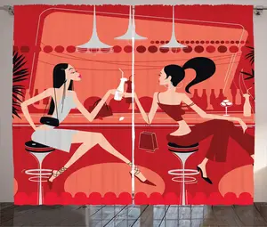Шторы ABAKUHAUS Party Rustic, Девушка в баре, вечеринка, универсальные ленточные шторы для гостиной с петлями и крючками, 280 x 225 см, цвет: ярко-красный, рубиново-коралловый Abakuhaus