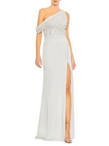 Платье-футляр на одно плечо с кружевом и бисером Mac Duggal, слоновая кость