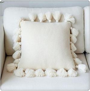 ZUIAI Вязаная декоративная наволочка с кисточкой бежевого цвета Beige