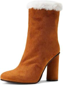 Женские ботильоны с круглым носком, с меховой подкладкой, на высоком блочном каблуке, с боковой молнией, теплые зимние ботинки для холодной погоды, для вечеринок, размеры 4-16 US Wo wagas, Brown